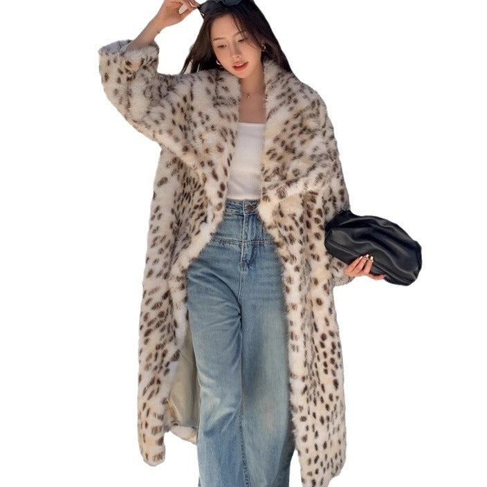 Damen Eleganter Leopardmuster-Fellmantel Drune