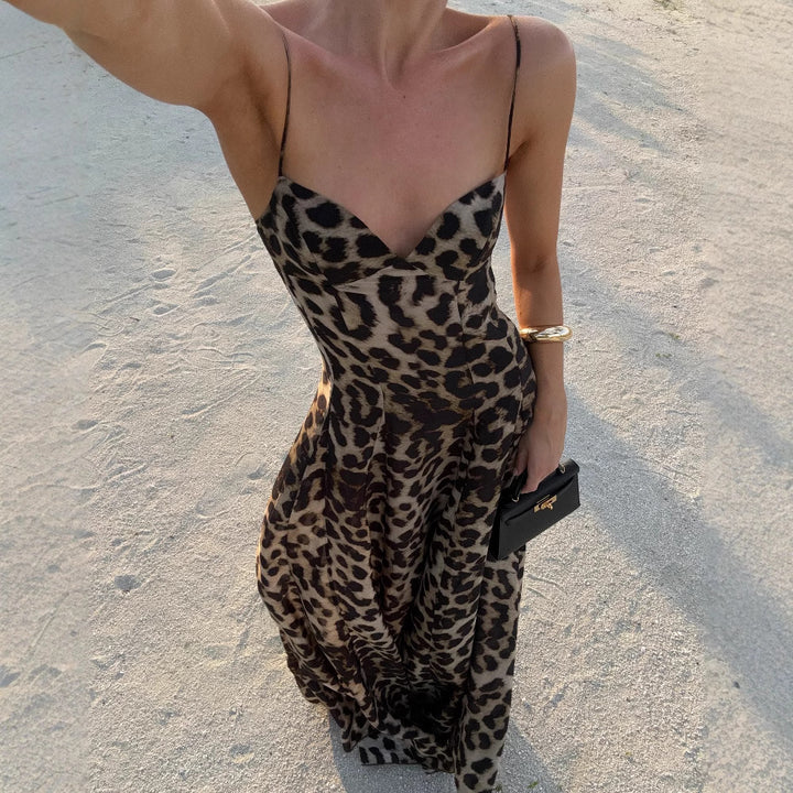 Damen Maxikleid mit V-Ausschnitt und animalischem Muster Drune