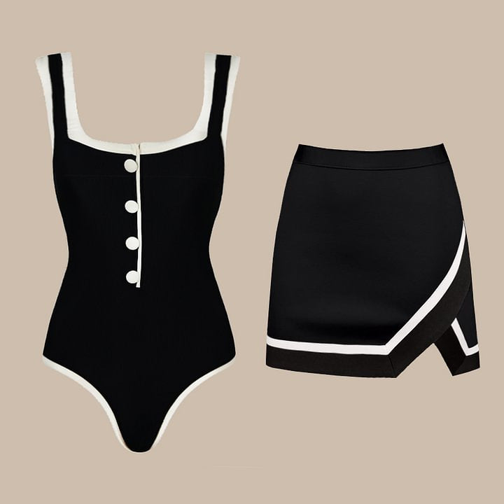 Damen einteiliger Badeanzug mit klassischen Knopfdetails Drune