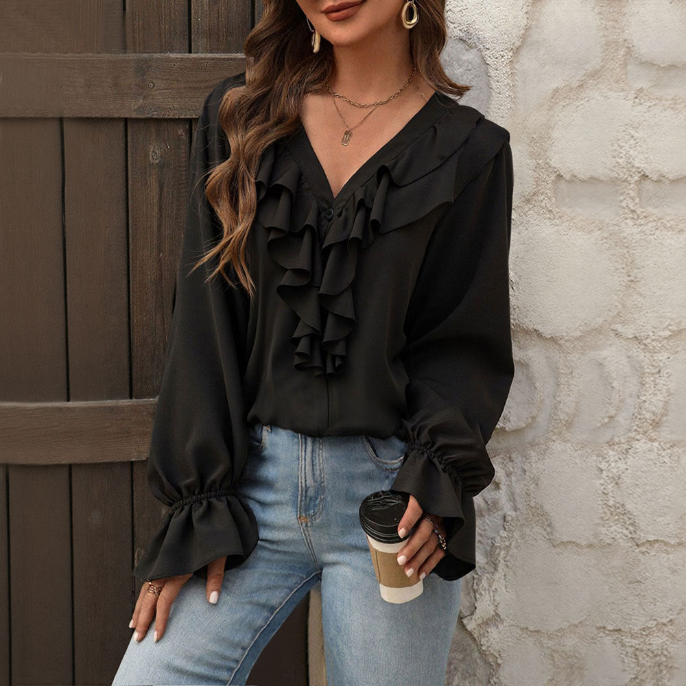 Damen Bluse mit eleganten Rüschendetails und schickem V-Ausschnitt Drune