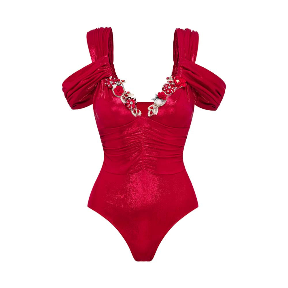 Damen Luxuriöser Schwimmanzug mit schulterfreien Rüschenträgern und passendem Maxirock Drune