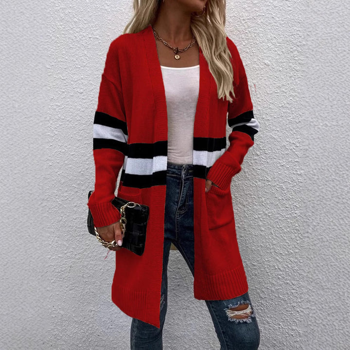 Damen Strickcardigan mit sportlichen Streifen und offenen Taschen Drune