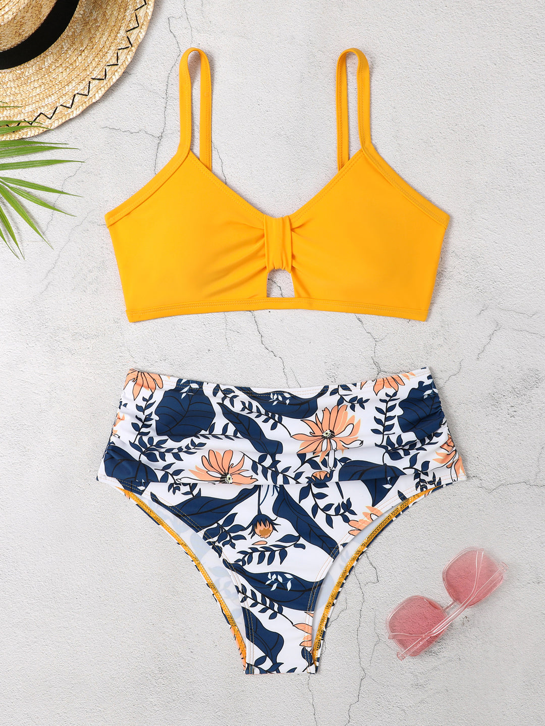 Damen Bikini-Set mit floralem Hochbund und modischem Knoten Drune