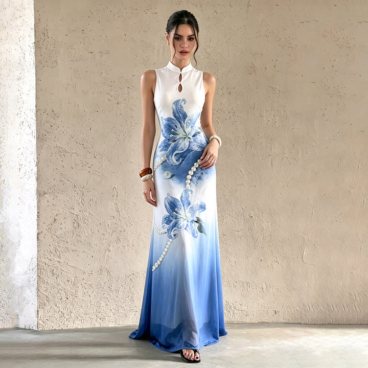 Damen Maxikleid mit floralem Design und elegantem Kragen Drune