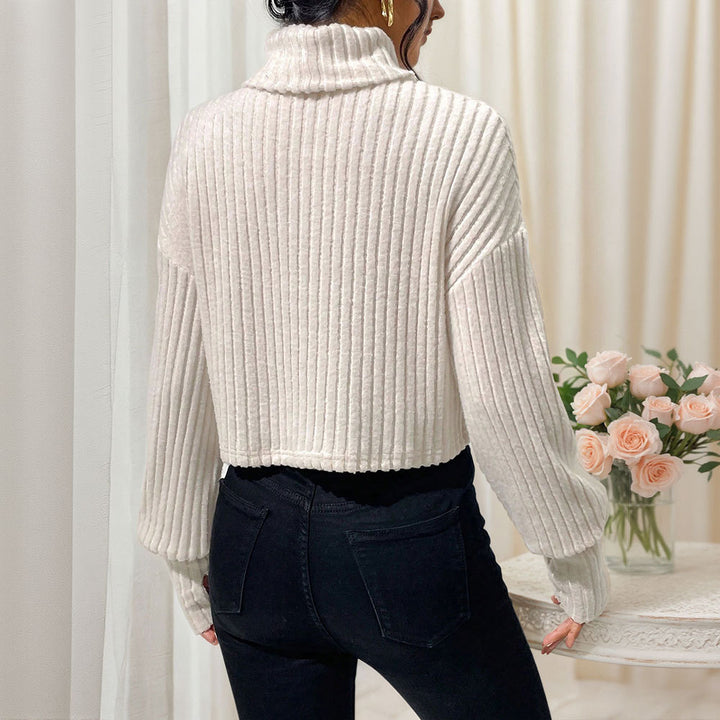 Damen cropped Pullover mit hohem Kragen und feiner Rippstruktur Drune