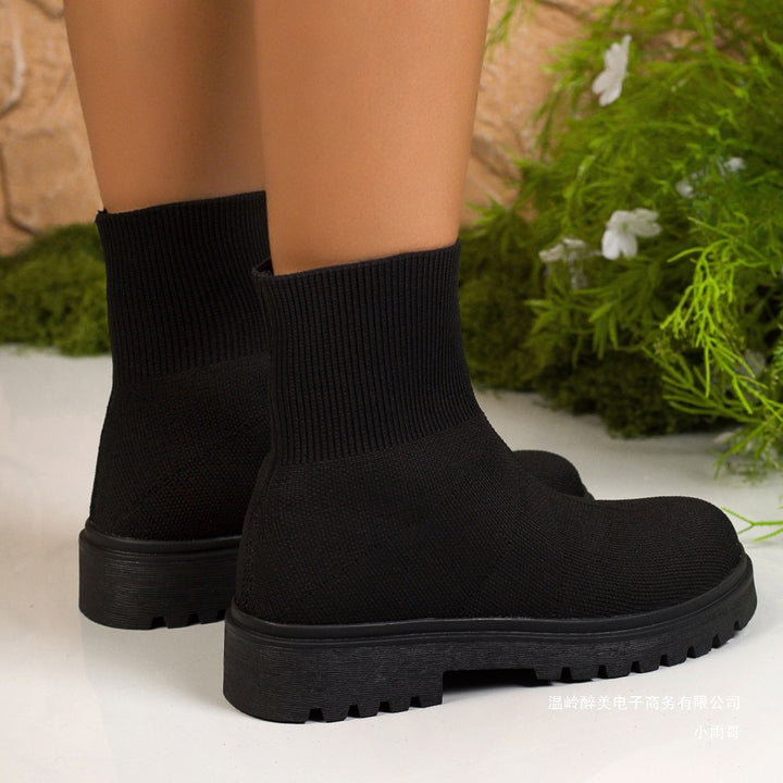 Damen nan gestrickte Sock-Stiefelette mit elastischem Rippbund stoßdämpfender Leichtsohle und robustem Traktorprofil Drune