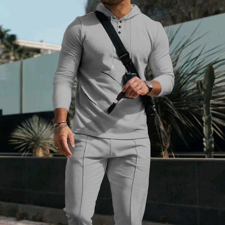 Herren nan figurnahes Kapuzen-Knopfleisten-Set aus strukturiertem Stretchjersey mit schmaler Chino-Jogger Drune