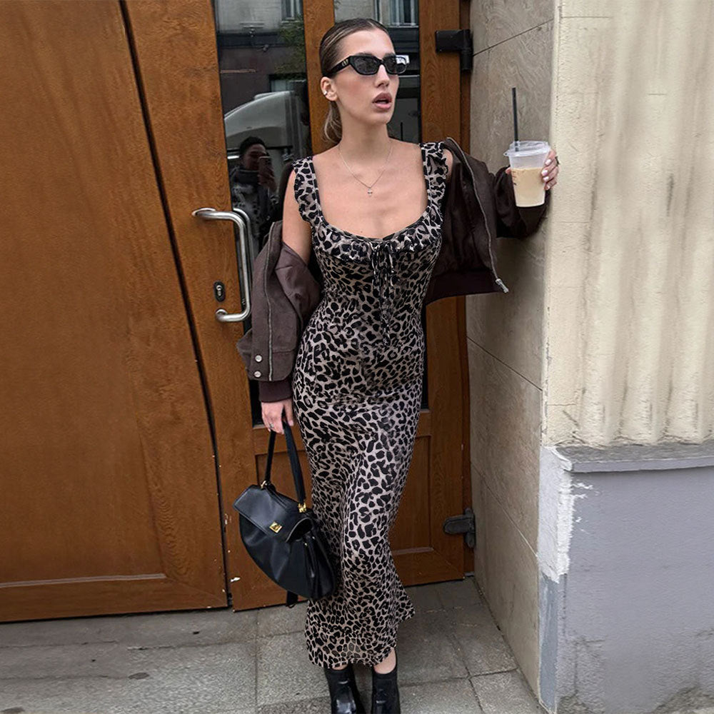 Damen Maxikleid mit Leopardenmuster und verführerischem Ausschnitt Drune