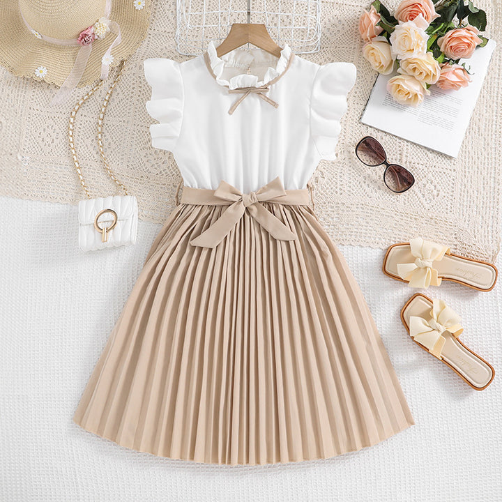Mädchen Faltenrockkleid mit Puffärmeln und Taillenknoten Drune