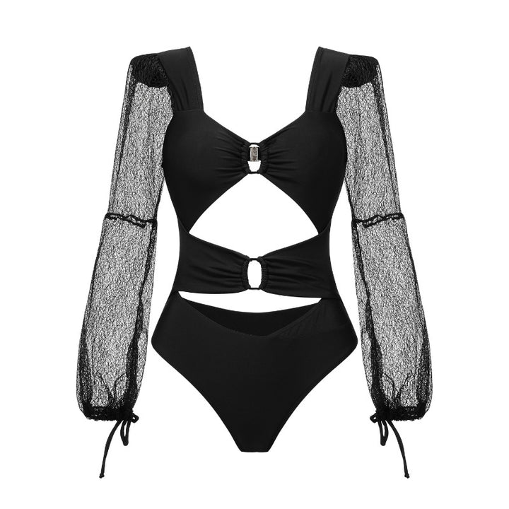 Damen Cut-Out Badeanzug mit langem, transparenter Ärmel Drune