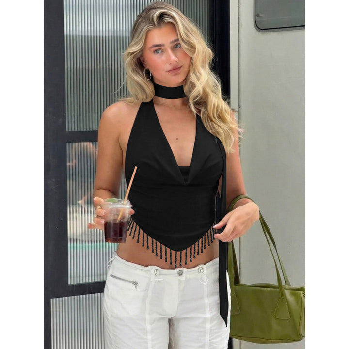 Damen Chic Cropped Top mit Glitzer-Details und offenem Rückenausschnitt Drune
