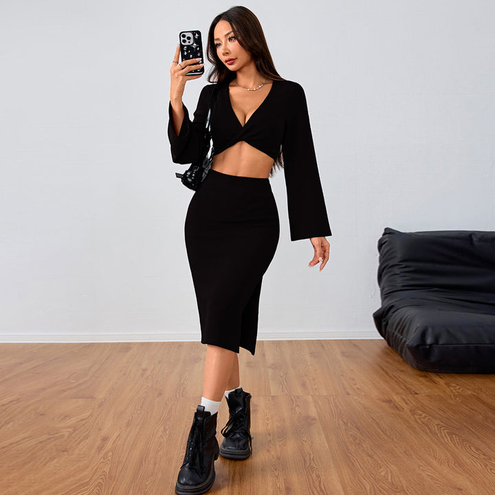 Damen Set mit leichtem Crop-Oberteil und figurbetontem Midi-Rock Drune