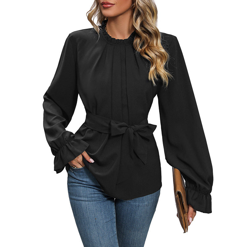 Damen elegante Bluse mit Rüschendetails und Taillengürtel Drune