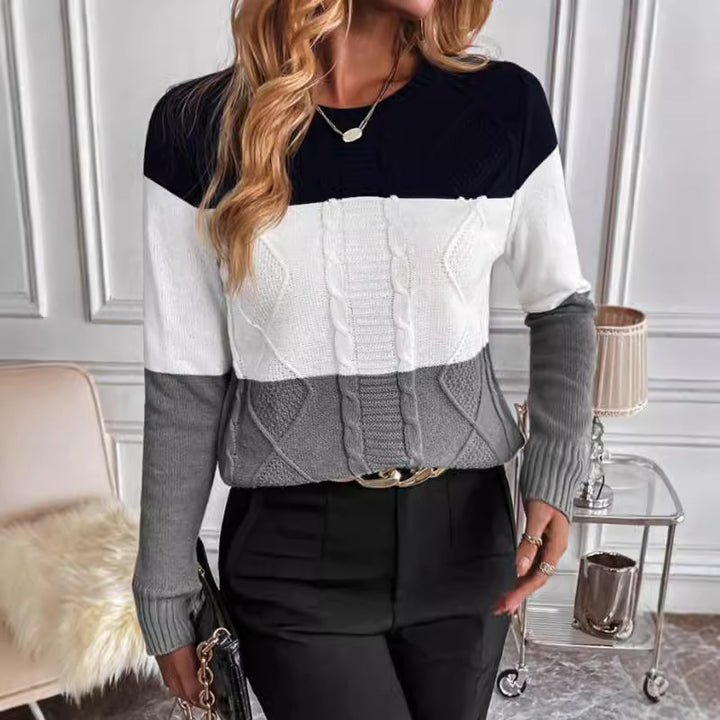 Damen Grobstrickpullover mit modischem Zopfmuster und kontrastierenden Farben Drune