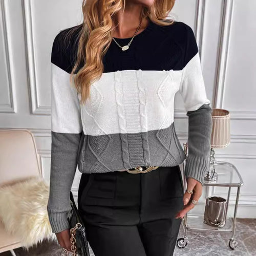 Damen Grobstrickpullover mit modischem Zopfmuster und kontrastierenden Farben Drune