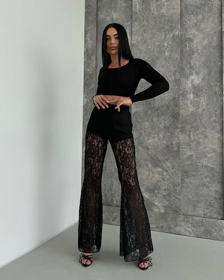 Damen eleganter Spitzen-Hosenanzug mit hoher Taille und fließendem Schnitt Drune