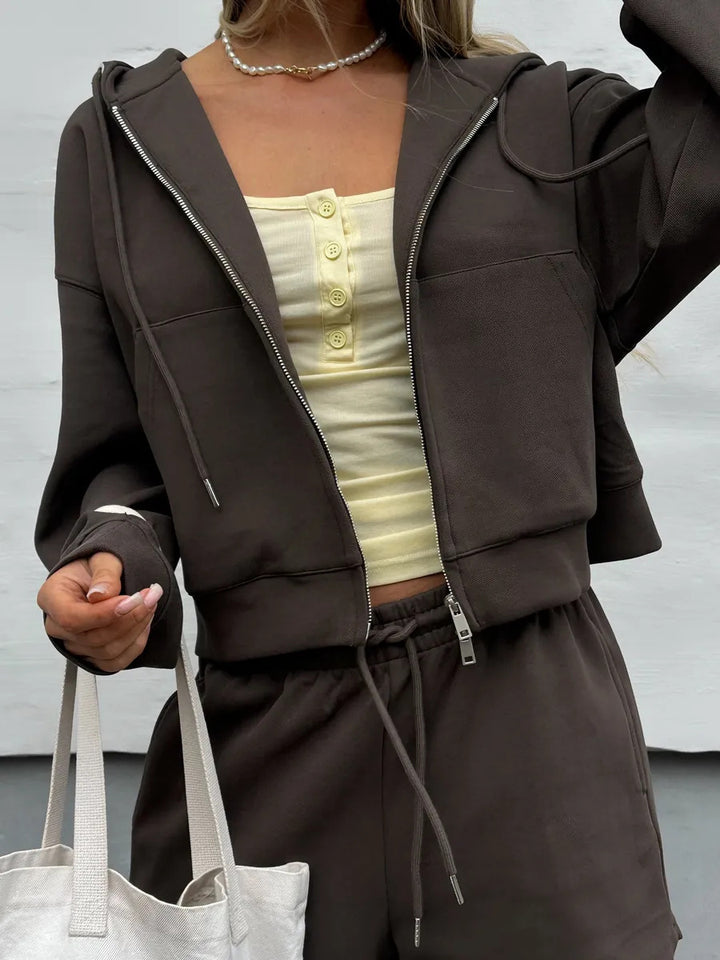 Damen nan kurzes Kapuzen-Sweatshirt mit Reißverschluss und elastischer Highwaist-Relax-Shorts Set Drune