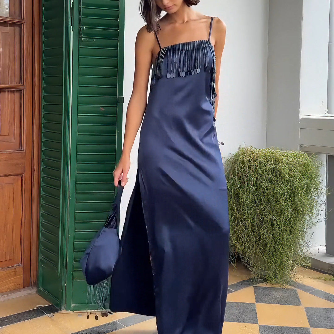 Damen Maxikleid mit schimmernden Pailletten und tranchierendem Saum Drune