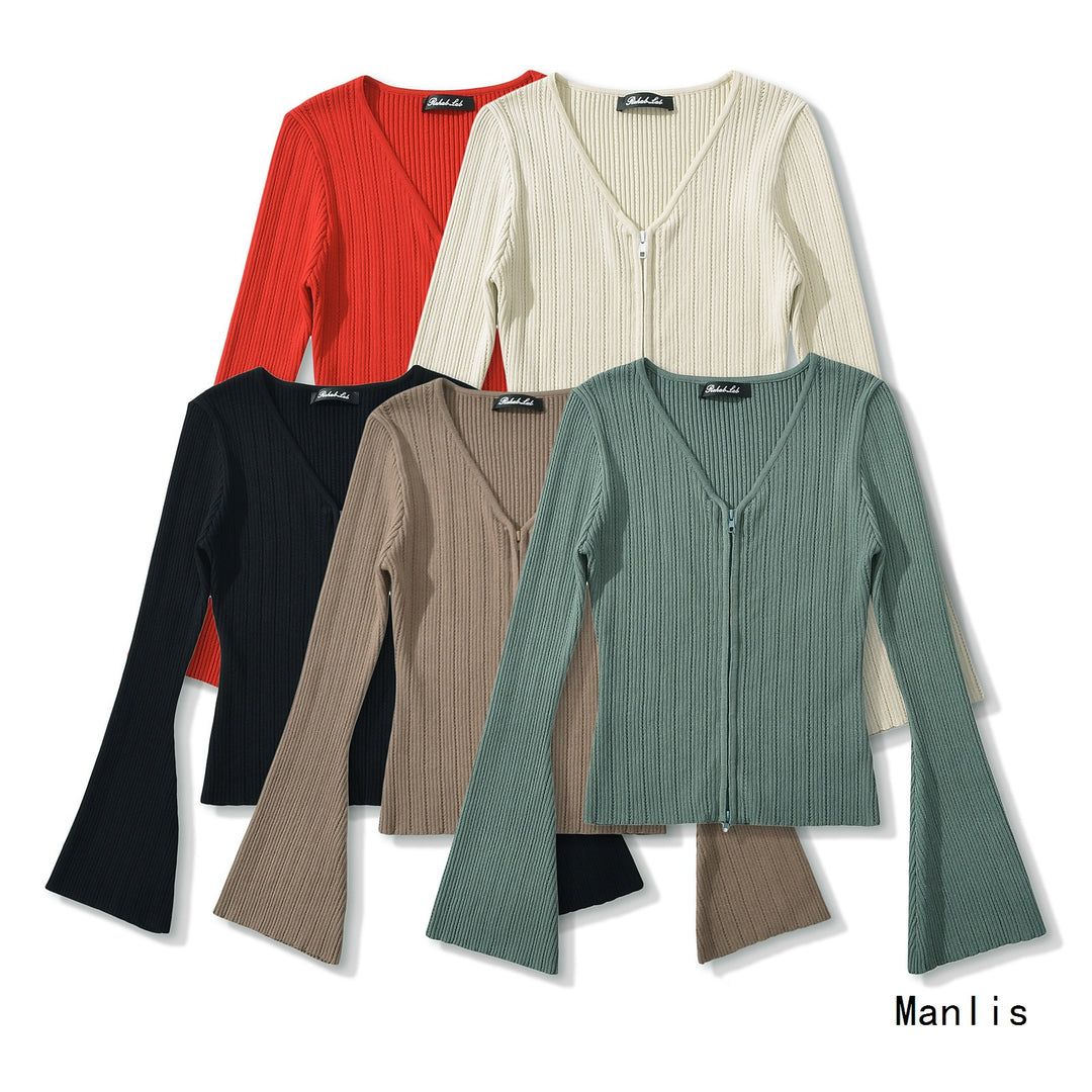 Damen Strickoberteil mit tiefem V-Ausschnitt und Zip-Verschluss Drune