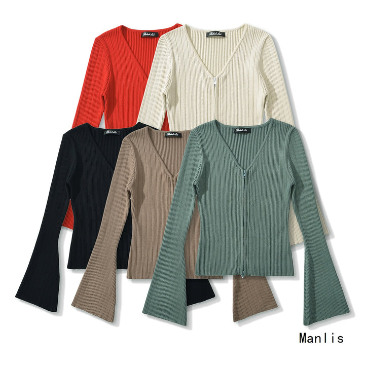 Damen Strickoberteil mit tiefem V-Ausschnitt und Zip-Verschluss Drune