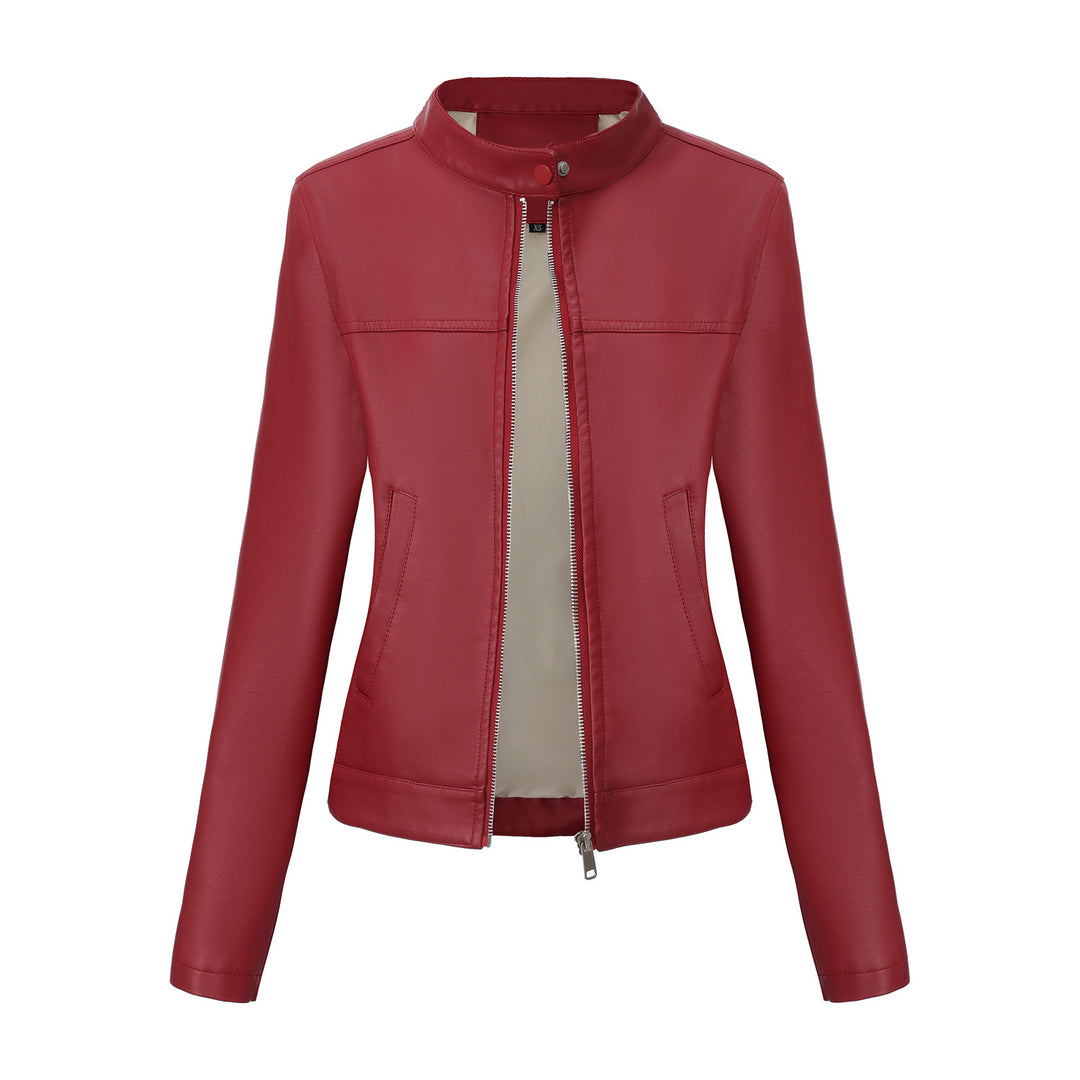 Damen nan taillierte Kunstlederjacke mit Stehkragen, verdecktem Reißverschluss und cleanem Minimaldesign Drune