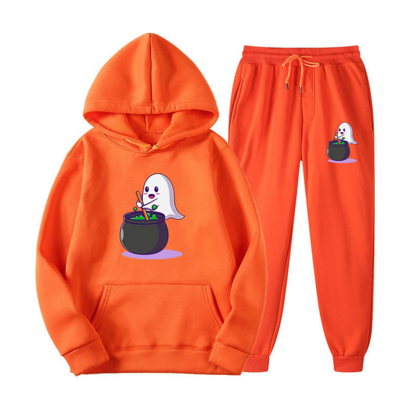 Unisex nan kuscheliger Kapuzenpullover und Jogginghose Set mit Halloween-Geistprint Drune