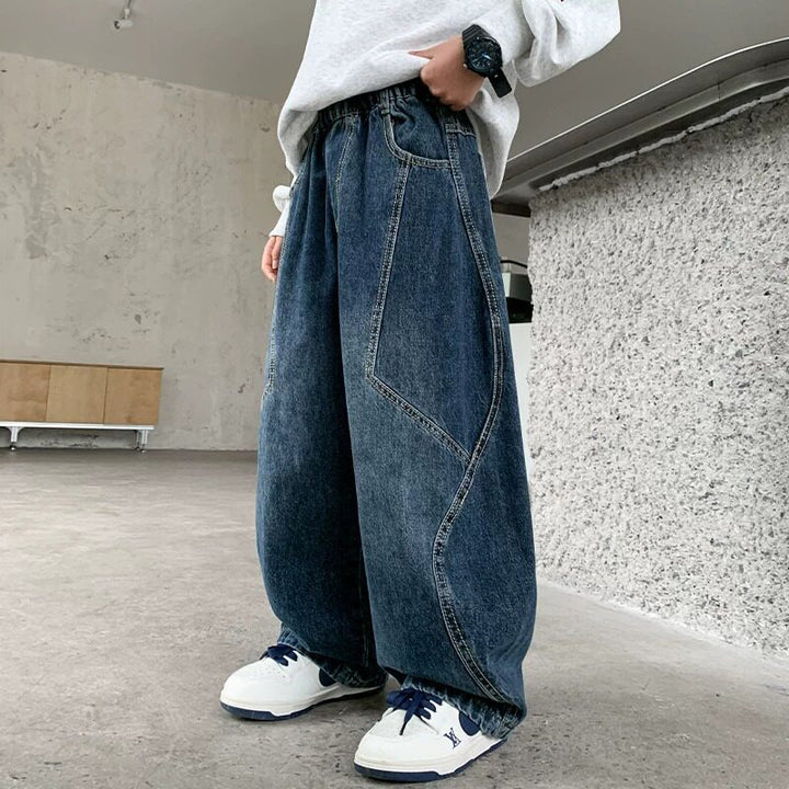Damen weite Denim-Hose mit elastischem Bund und modischen Kontrastnähten Drune