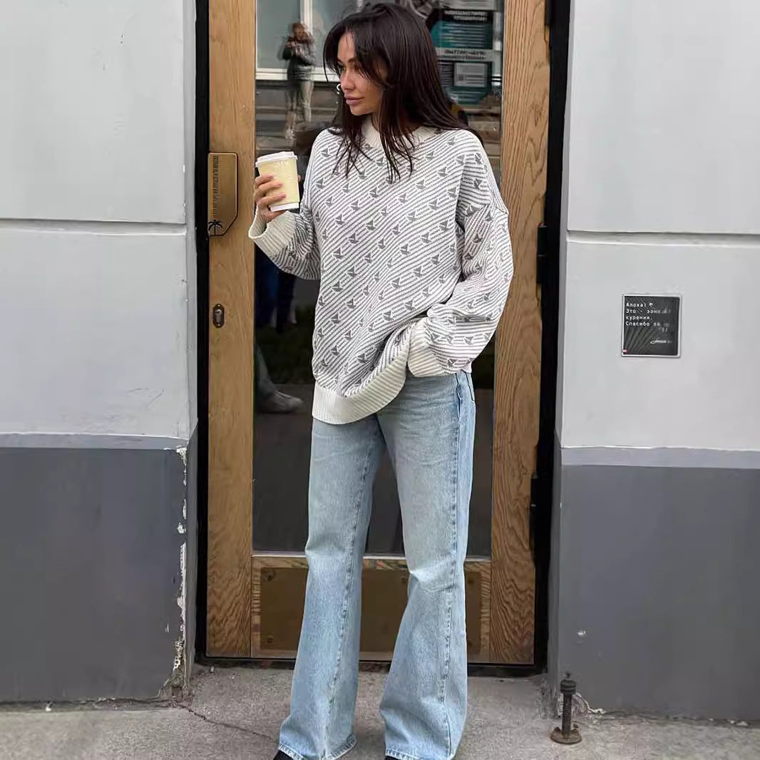 Damen Gemusterter Oversized Pullover aus hochwertiger Baumwolle Drune