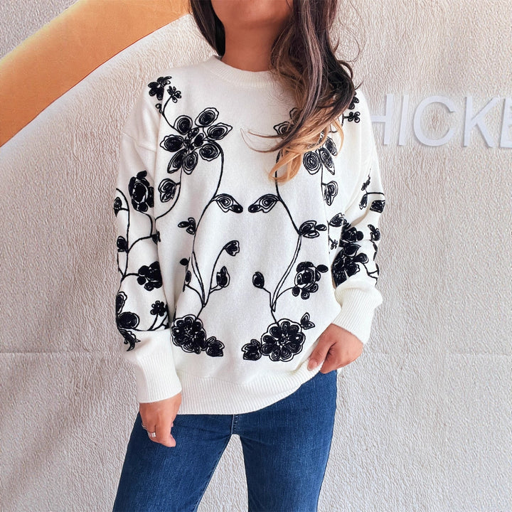 Damen lässiger Pullover mit floralem Stickdesign und modernem Schnitt Drune
