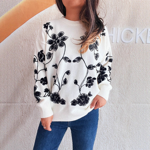 Damen lässiger Pullover mit floralem Stickdesign und modernem Schnitt Drune