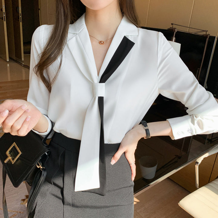 Damen Bluse mit elegantem Schleifenkragen und modernen Kontrasten Drune