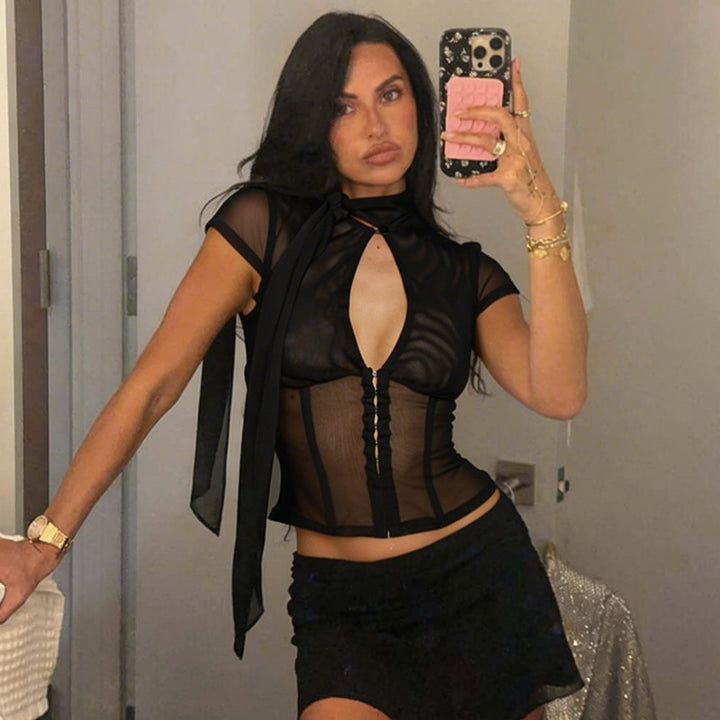 Damen Transparentes Spitzenoberteil mit Knotendetail Drune
