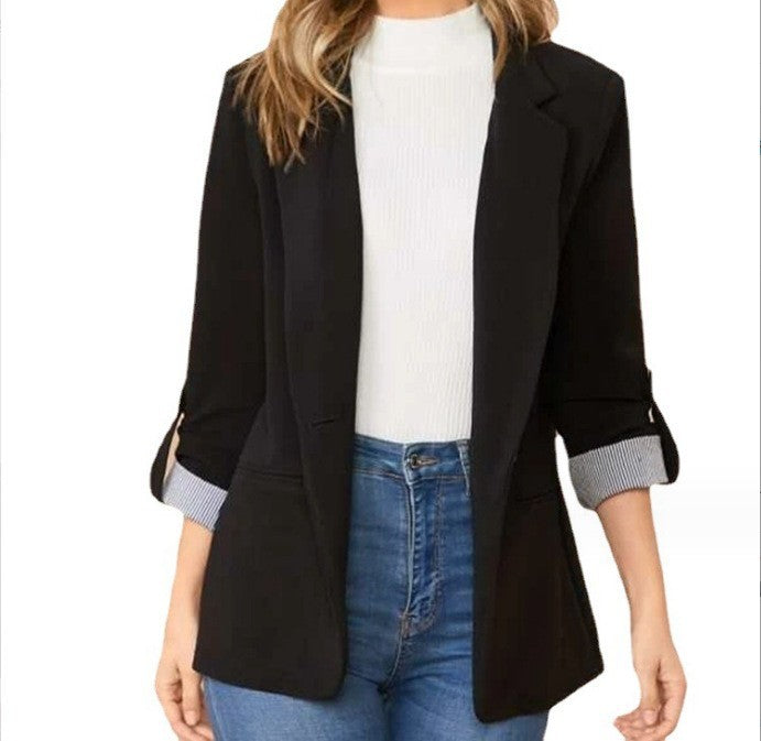 Damen stilvolle und vielseitige Blazerjacke mit umgeschlagenen Ärmeln Drune