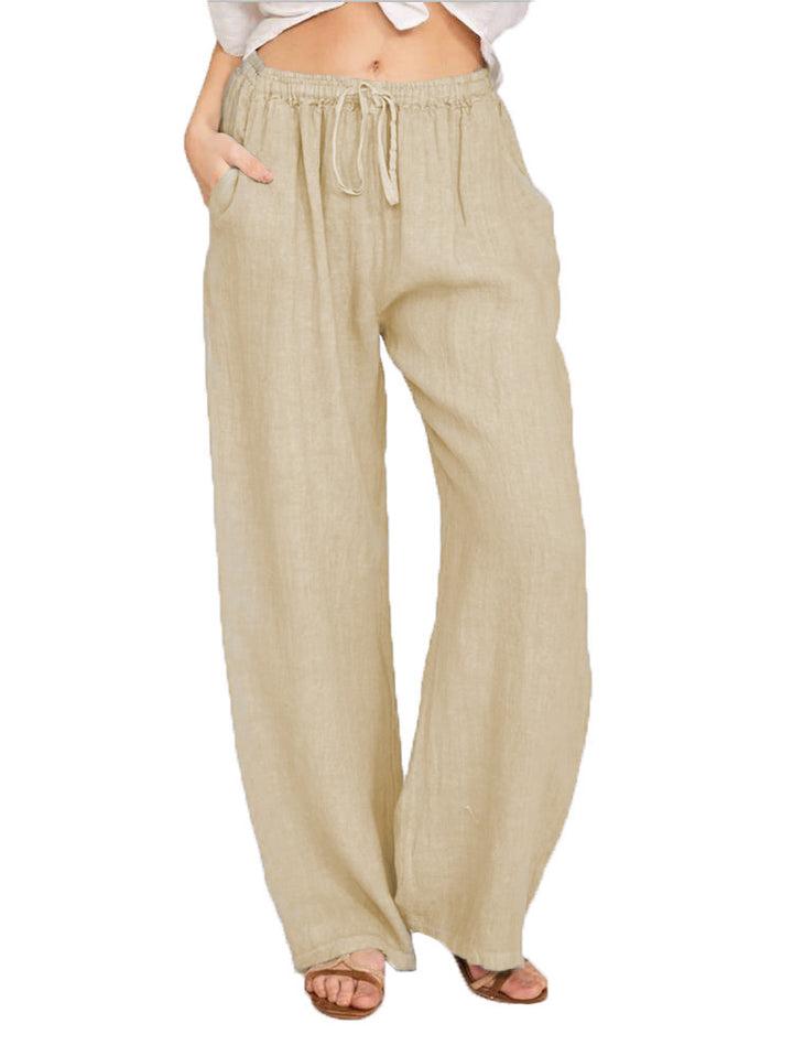 Damen lässige Leinenhose mit weitem Bein und elastischem Bund Drune
