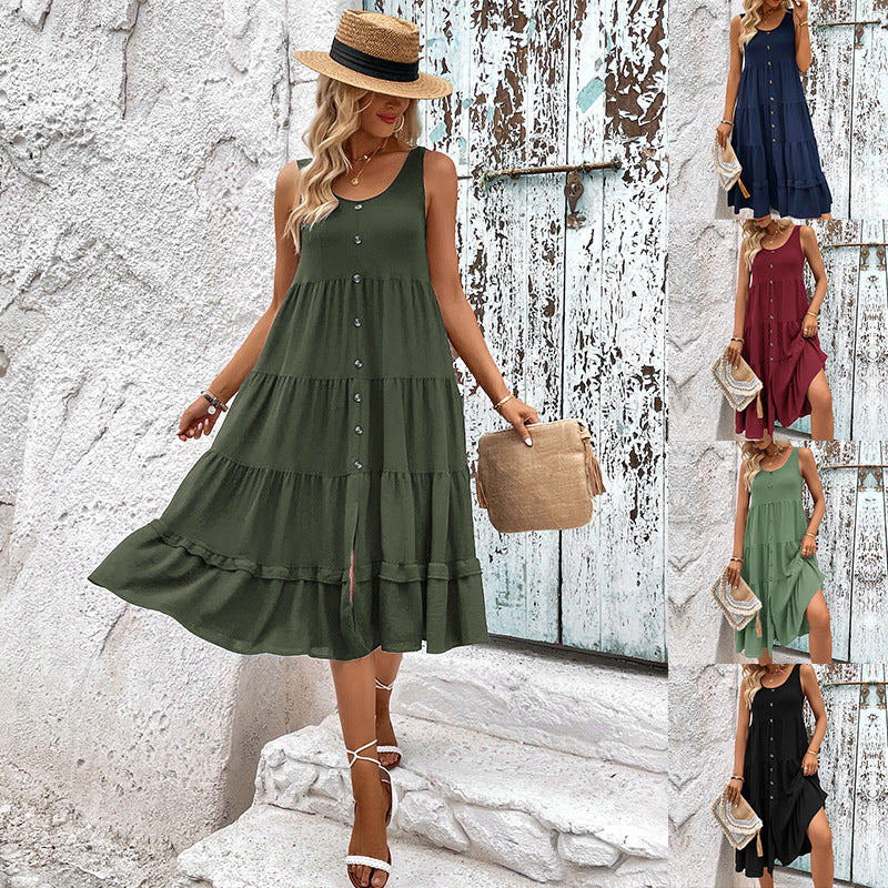 Damen lässiges Bodenkleid mit Knopfleiste und Rüschenvolant Drune