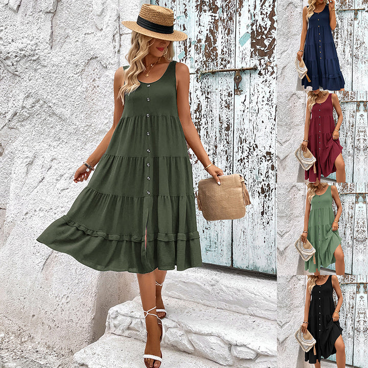 Damen lässiges Bodenkleid mit Knopfleiste und Rüschenvolant Drune