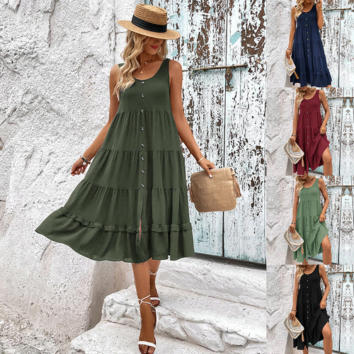 Damen lässiges Bodenkleid mit Knopfleiste und Rüschenvolant Drune