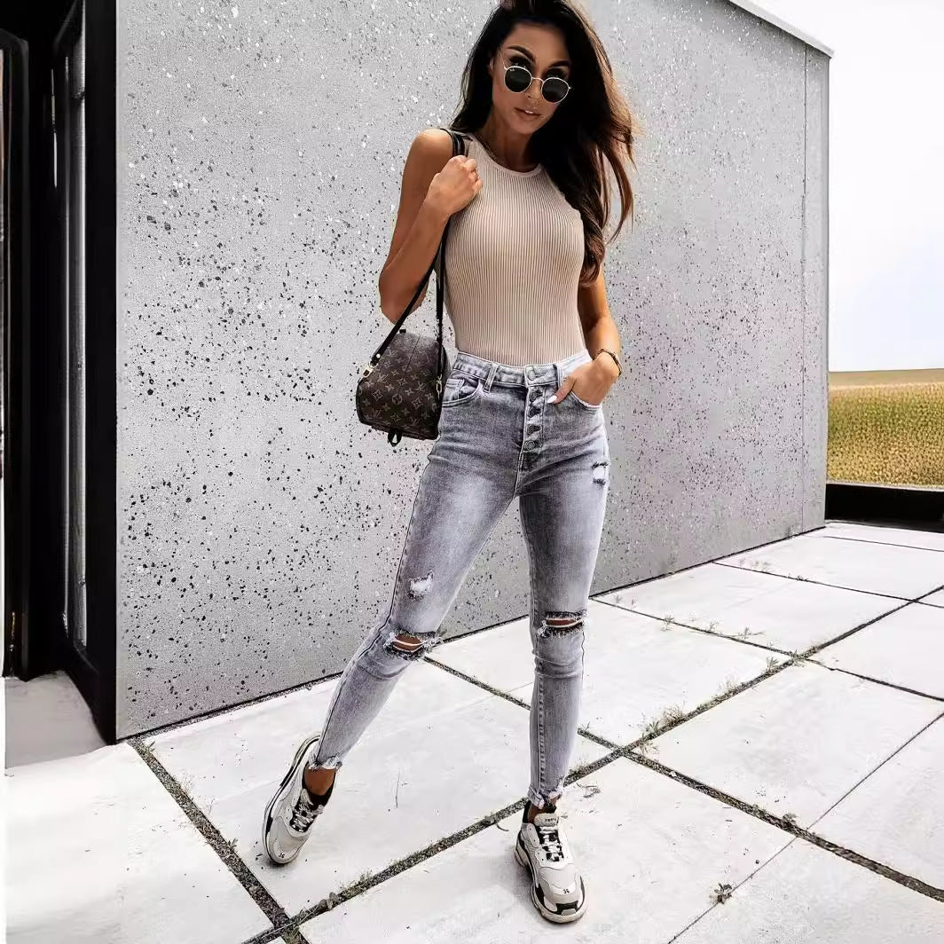 Damen Skinny Jeans mit hohen Taschen und trendy Distressed-Details Drune