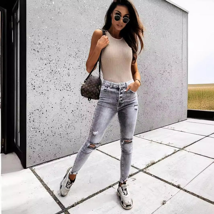 Damen Skinny Jeans mit hohen Taschen und trendy Distressed-Details Drune