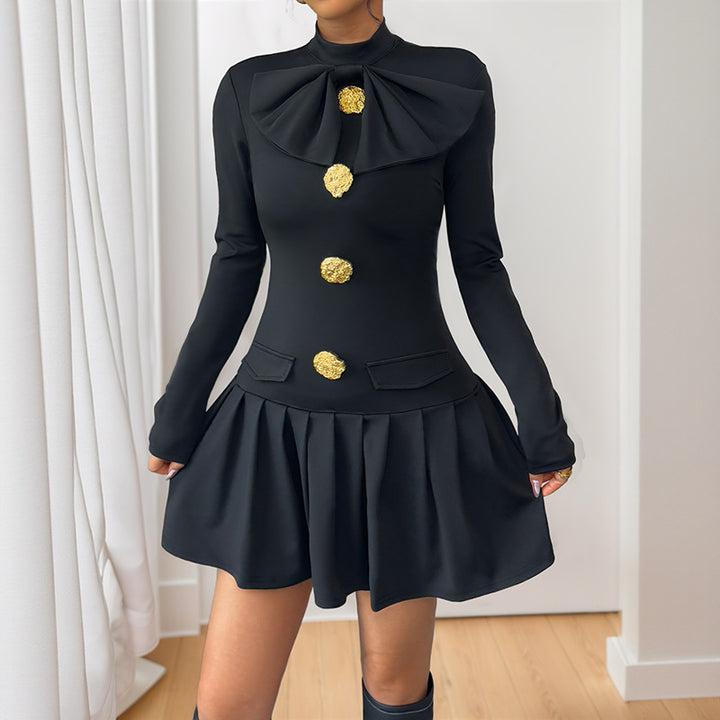 Damen modisches Wickelkleid mit elegantem Stehkragen und dekorativen Knopfdetails Drune