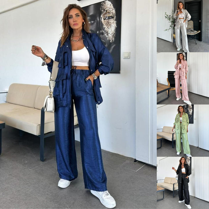 Damen athletisches Freizeit-Set mit elegantem Glanz und praktischen Taschen Drune