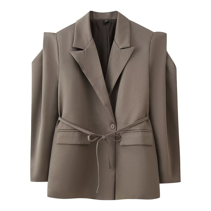 Damen nan taillierter Blazer mit Bindegürtel, Reverskragen und Schulterpolstern Drune