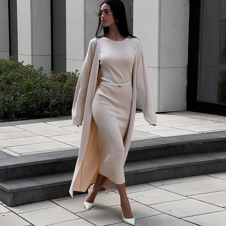 Damen elegantes Maxikleid mit passendem Oversized-Mantel Drune