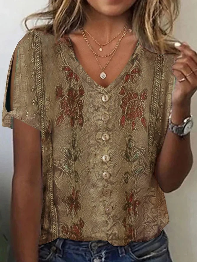 Damen V-Ausschnitt Bluse mit floralen Details und Knopfverschluss Drune