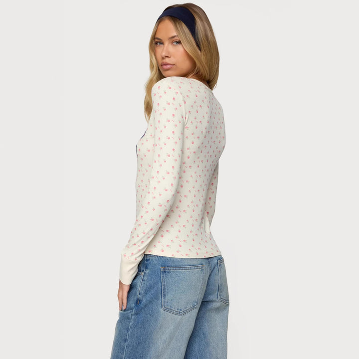 Damen Langarmshirt mit floralem Muster und sportlichem Print Drune