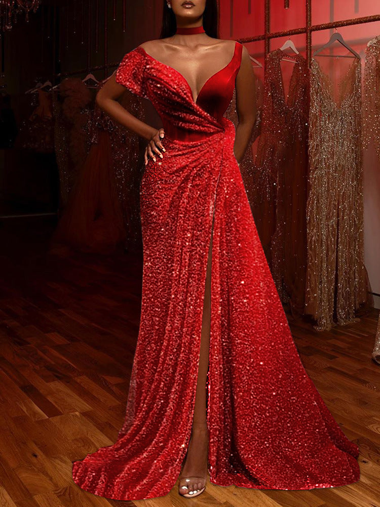 Damen Glamouröses Abendkleid mit schimmernden Pailletten und hohem Schlitz Drune