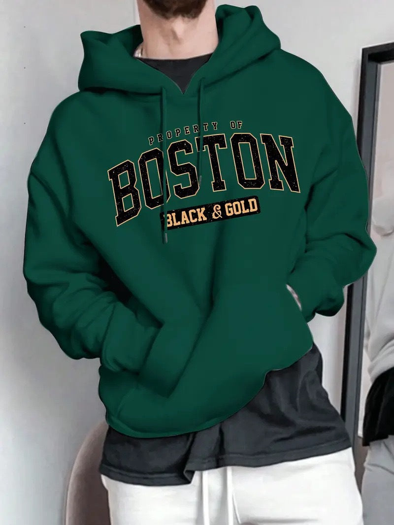 Herren Kapuzensweater mit auffälligem Boston-Print und weicher Innenseite Drune