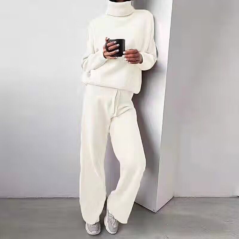 Damen elegantes Strick-Loungewear-Set mit hohem Kragen und weitem Bein Drune