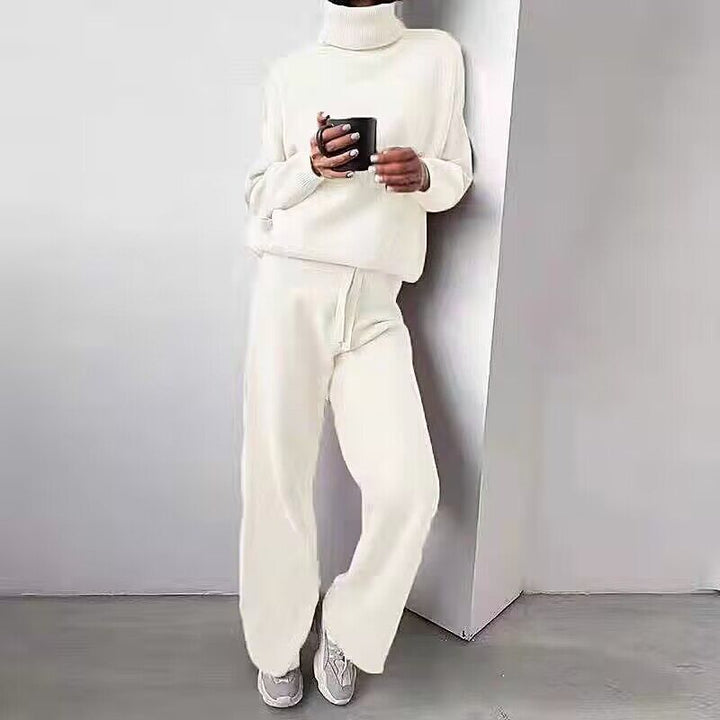 Damen elegantes Strick-Loungewear-Set mit hohem Kragen und weitem Bein Drune