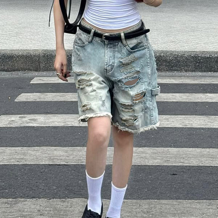 Damen Destroyed Denim-Shorts mit hohem Bund und ausgefransten Säumen Drune